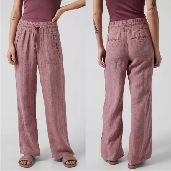 Athleta 100% Linen Cabo Wide Leg Pants Women’s Sz 12 Mauve Pink Beachy Preppy - Picture 1 of 7